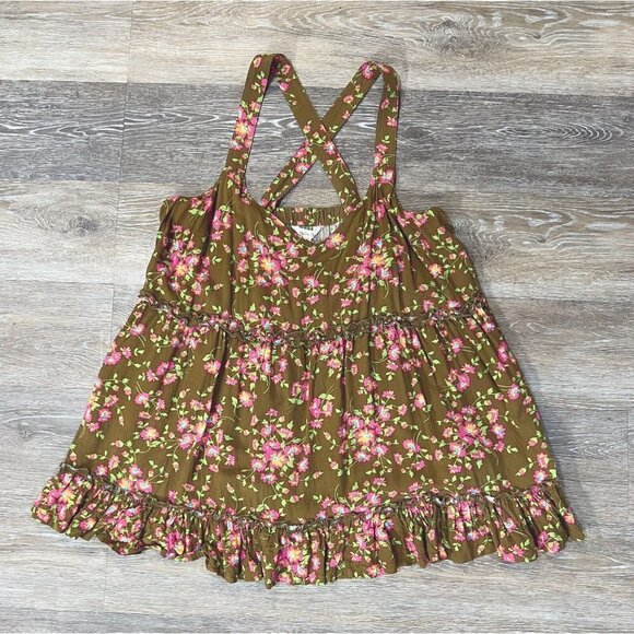Matilda Jane Sz M Brown Pink Floral Print Ruffle Criss Cross Back Tank Top Women - Picture 13 of 16